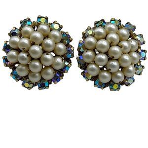 Elegant vintage clip earrings with faux pearls and stunning Aurora Borealis bead
